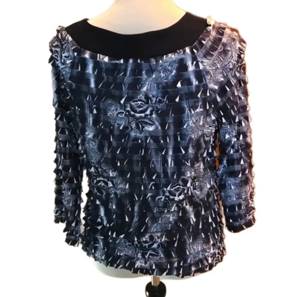 I.N. Studio Layered Ruffled Top Black & Gray Wide Band Boat Neck Women L - Picture 3 of 11